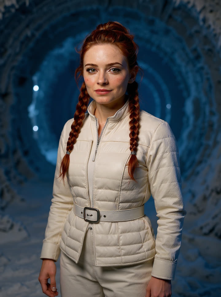 Nyx cosplaying Leia's white Hoth outfit with braided hair in an ice tunnel