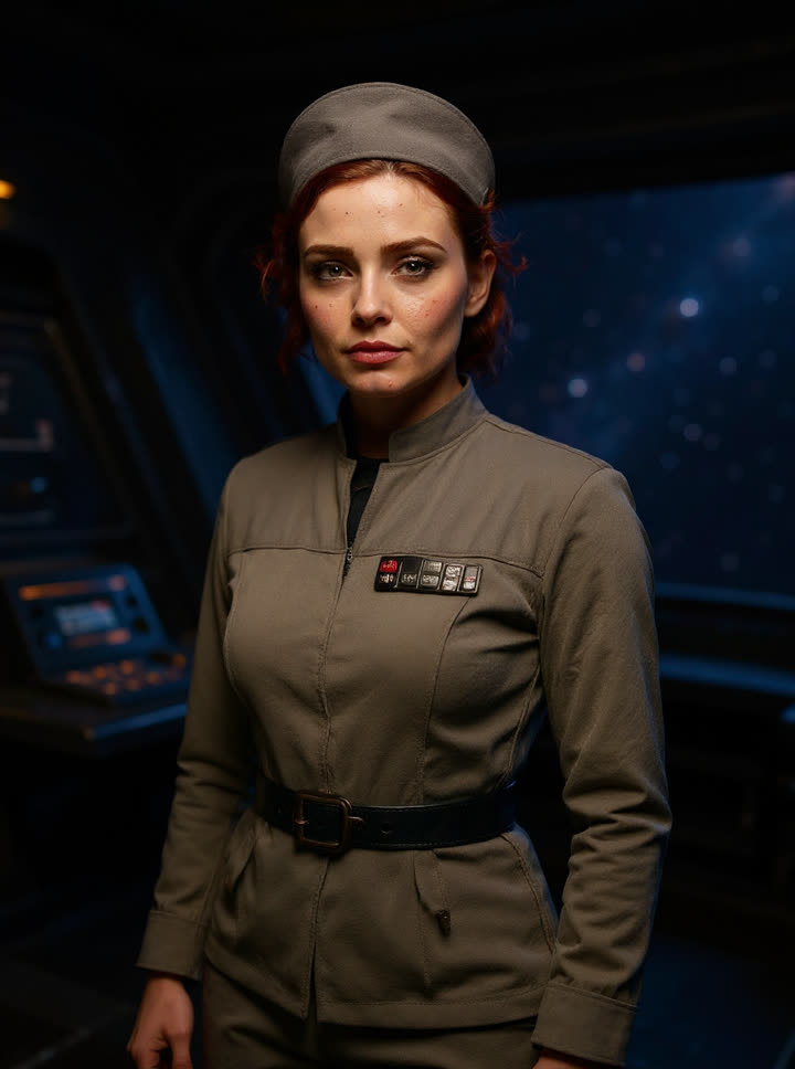 Nyx cosplaying an Imperial officer in an olive-grey uniform and cap on a Star Destroyer bridge