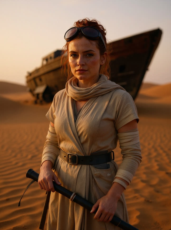 Nyx cosplaying Rey's Jakku scavenger wraps with a staff on a desert dune at sunset