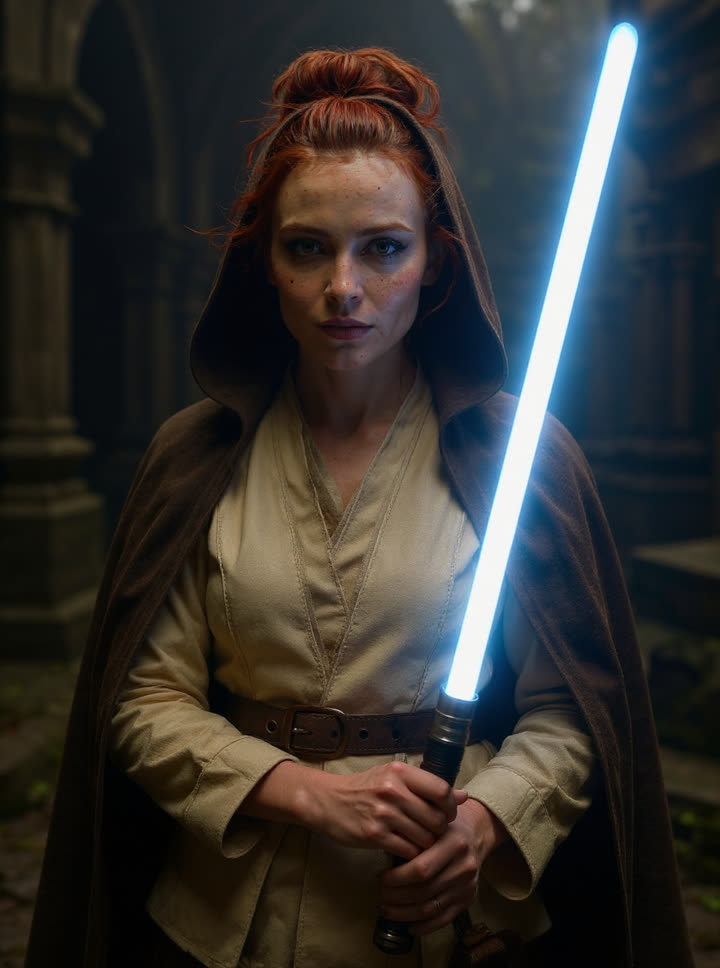 Nyx cosplaying a Jedi in brown robes holding a blue lightsaber in a stone temple