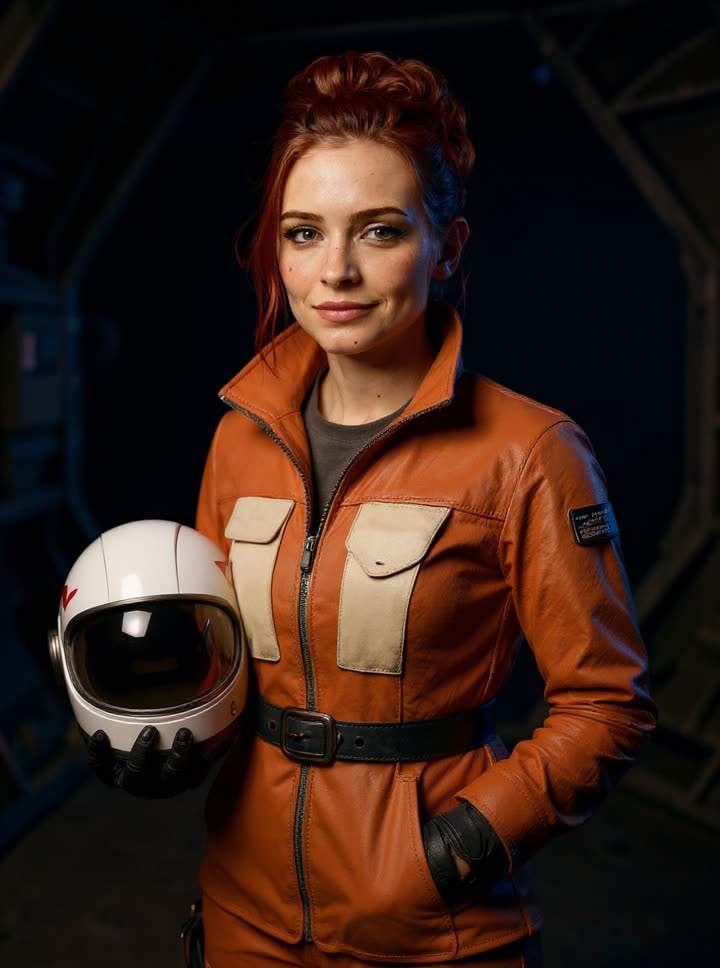 Nyx cosplaying a Rebel X-wing pilot in an orange flight suit, holding a white helmet in a hangar