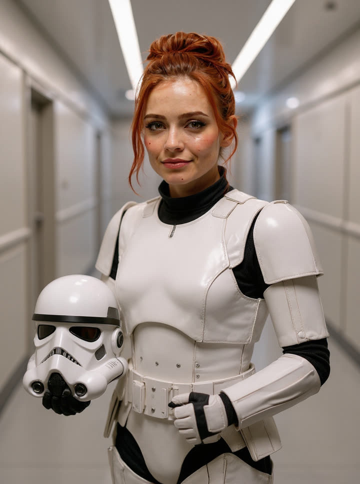 Nyx in white stormtrooper armour holding the helmet under her arm in a white corridor